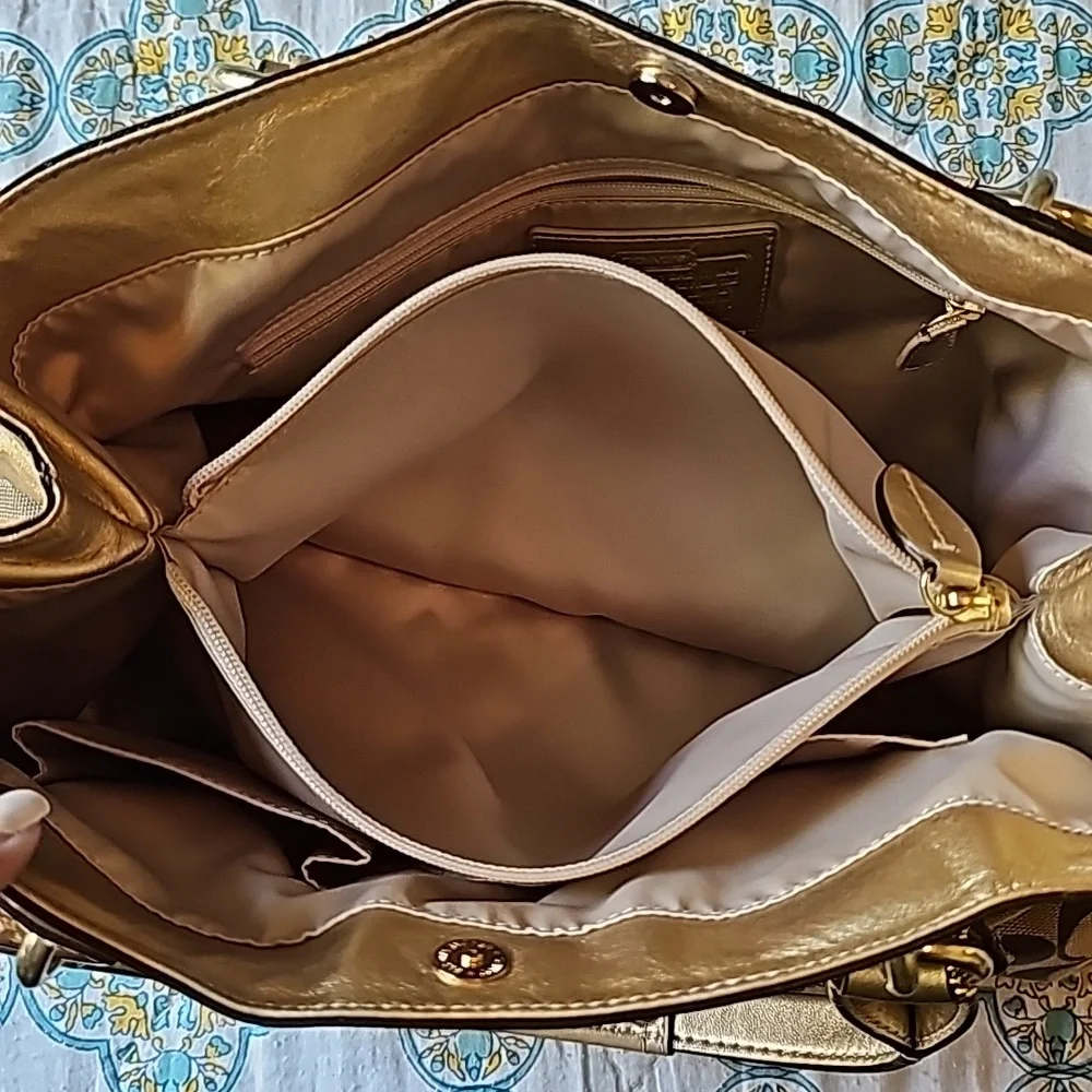 Coach Penelope Signature C Jacquard Metallic Gold Leather Tote Bag F15533